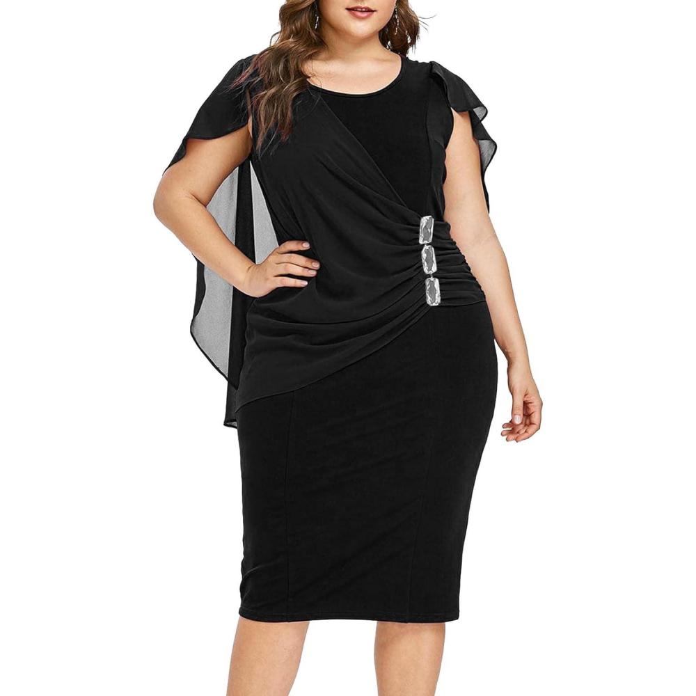 image:imageROSE GAL Rosegal Plus Size Womens Chiffon Ruffle Bodycon Pencil Midi Sleeveless Cape Dress for Wedding Cocktail Party WorkBlack