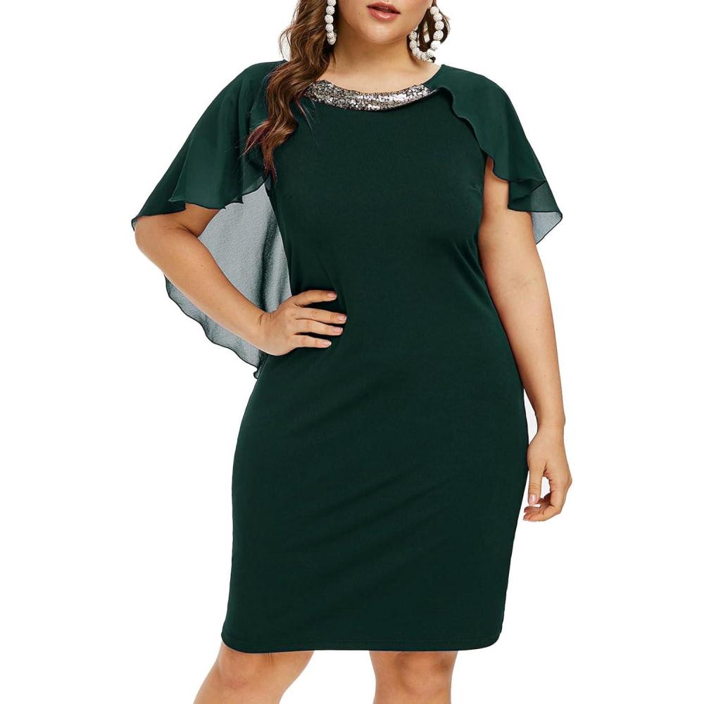 image:imageROSE GAL Rosegal Plus Size Womens Sequins Chiffon Overlay Bodycon Pencil Cape Dress for Wedding Cocktail Party EveningGreen