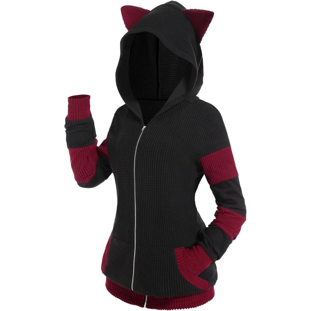 image:imageROSE GAL Rosegal Women Plus Size Cat Ear Ribbed Hooded Blouson Jacket Animal Ear Two Tone Cute HoodieBlack1