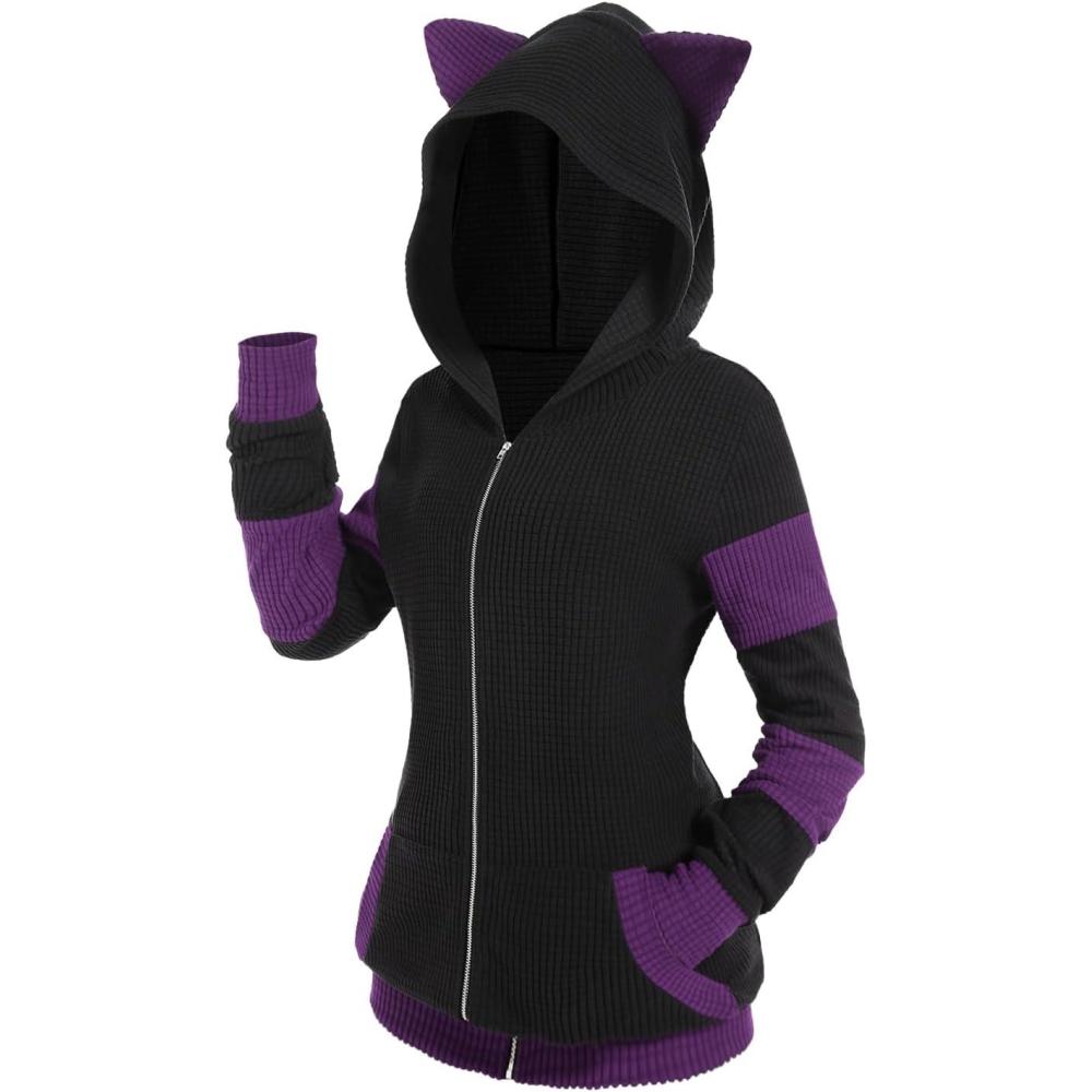 image:imageROSE GAL Rosegal Women Plus Size Cat Ear Ribbed Hooded Blouson Jacket Animal Ear Two Tone Cute HoodieBlack2