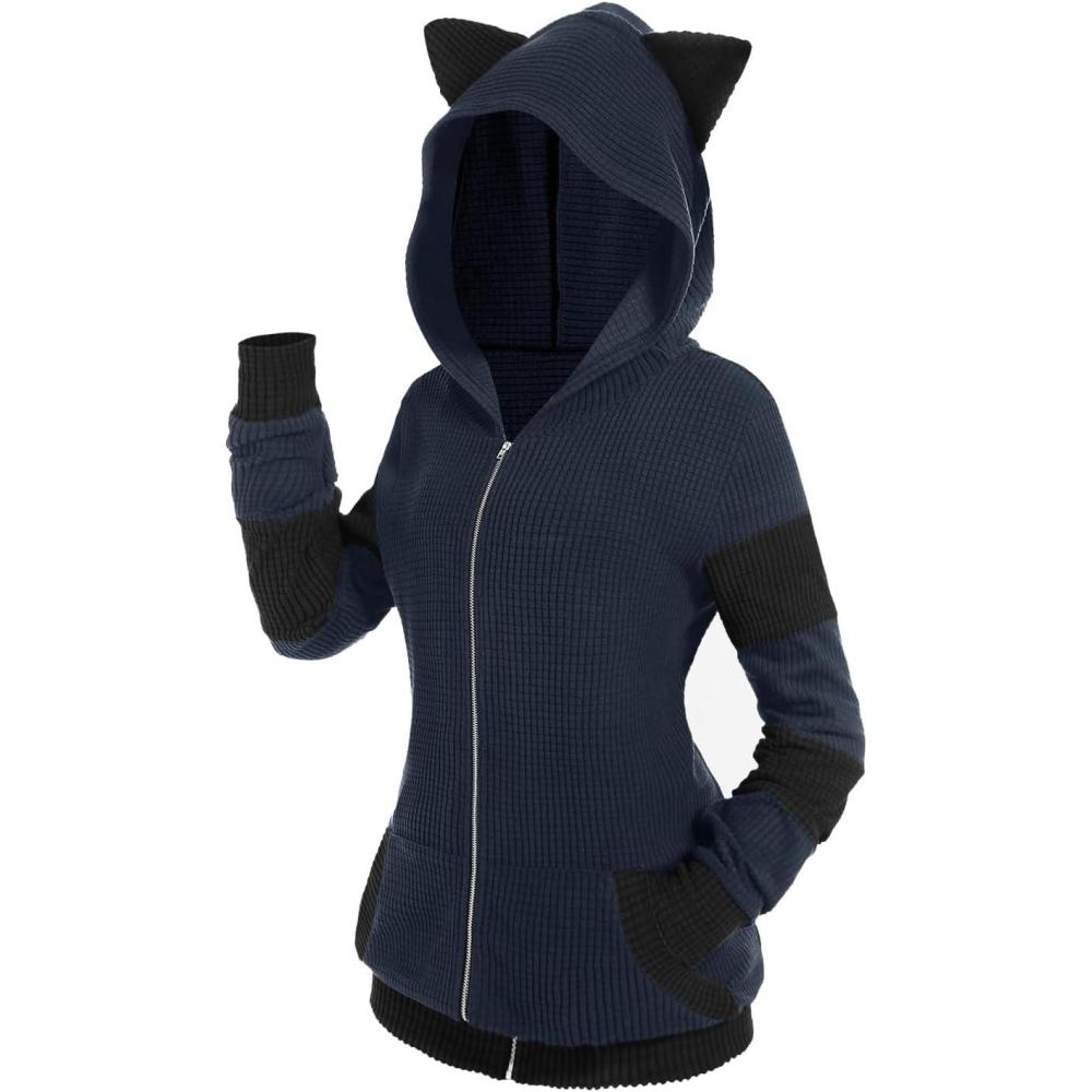 image:imageROSE GAL Rosegal Women Plus Size Cat Ear Ribbed Hooded Blouson Jacket Animal Ear Two Tone Cute HoodieBlue3