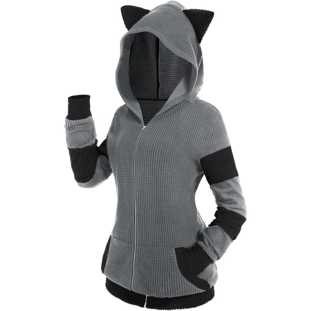 image:imageROSE GAL Rosegal Women Plus Size Cat Ear Ribbed Hooded Blouson Jacket Animal Ear Two Tone Cute HoodieGray1