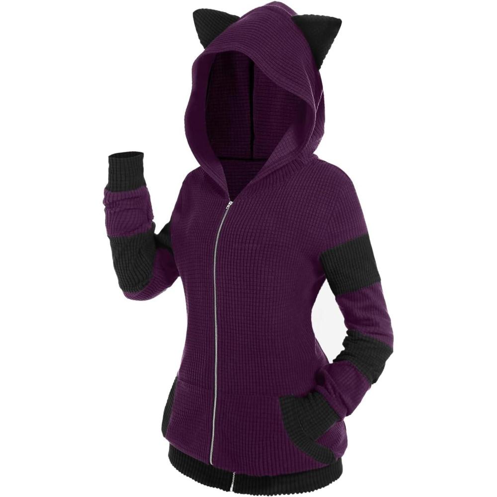 image:imageROSE GAL Rosegal Women Plus Size Cat Ear Ribbed Hooded Blouson Jacket Animal Ear Two Tone Cute HoodiePurple1