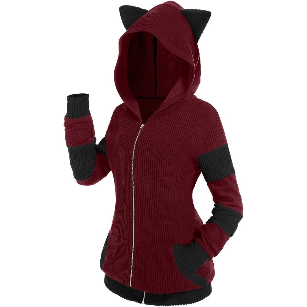 image:imageROSE GAL Rosegal Women Plus Size Cat Ear Ribbed Hooded Blouson Jacket Animal Ear Two Tone Cute HoodieRed1