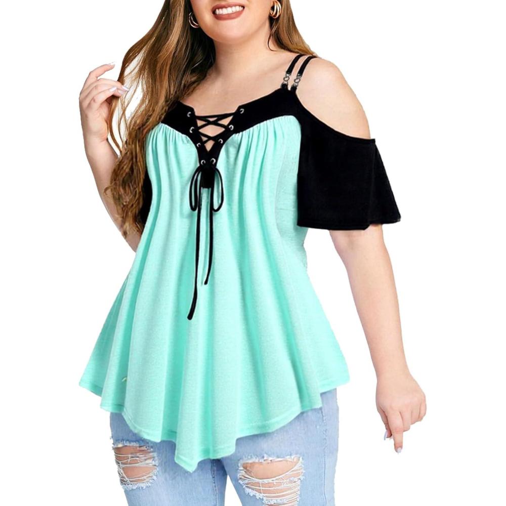image:imageROSE GAL Rosegal Women Plus Size Cold Shoulder Tee Laceup Asymmetric Marled Short Sleeves Tee Open Shoulder Tunic TopLight Green1
