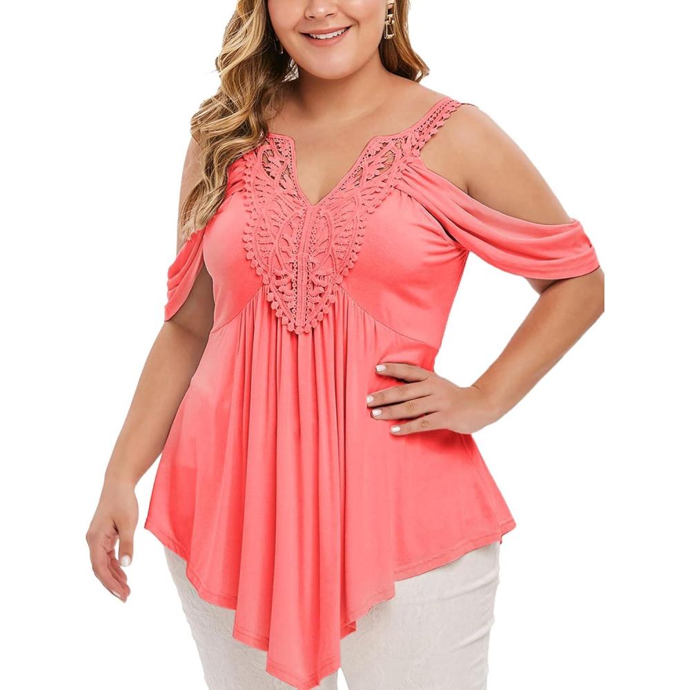 image:imageROSE GAL Rosegal Women Plus Size Cold Shoulder Top Floral Applique Ruched Draped TShirt Open Shoulder Tunic TopOrange1
