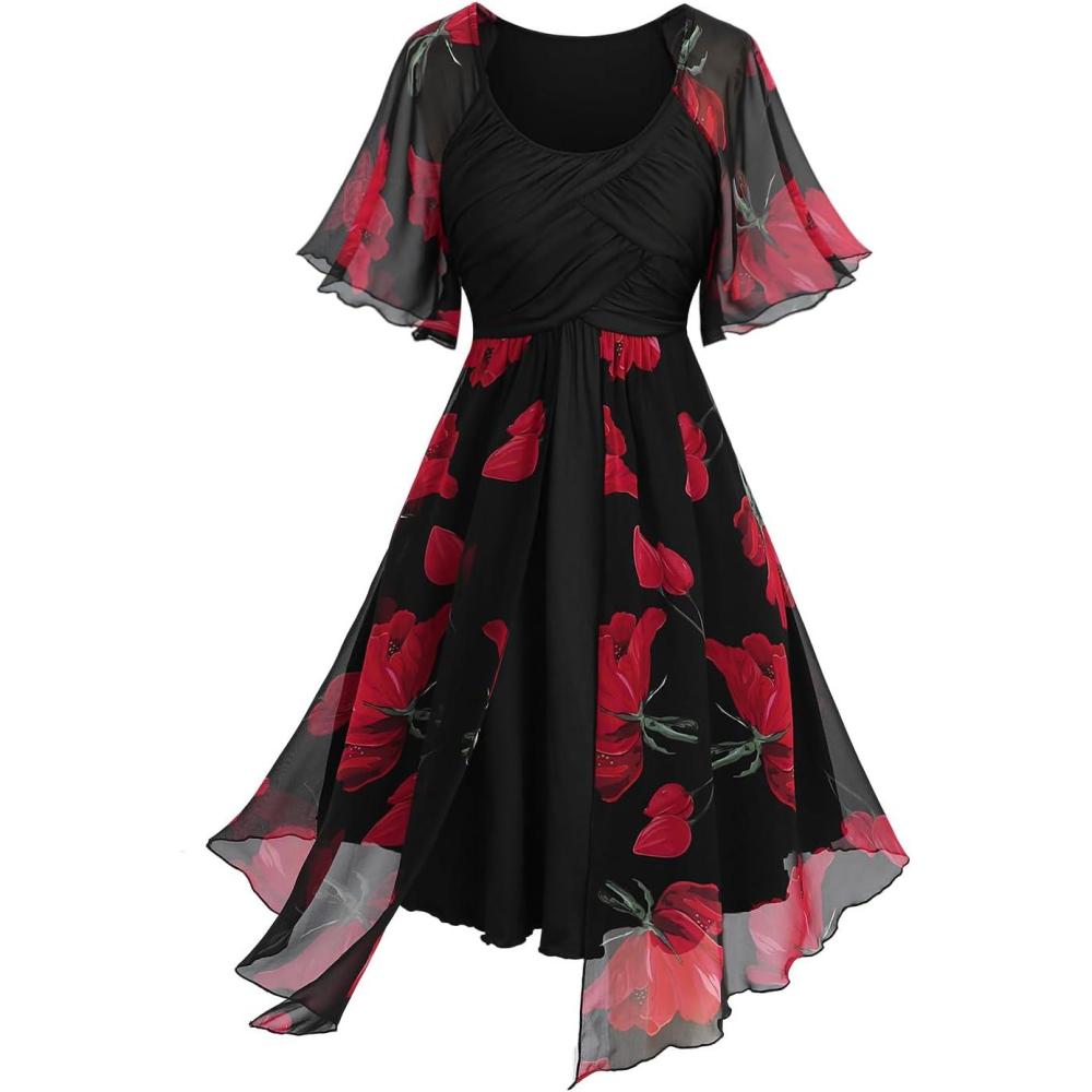 image:imageROSE GAL Rosegal Women Plus Size Flower Print Chiffon Panel Knee Length Flowy Dress with PocketsBlack