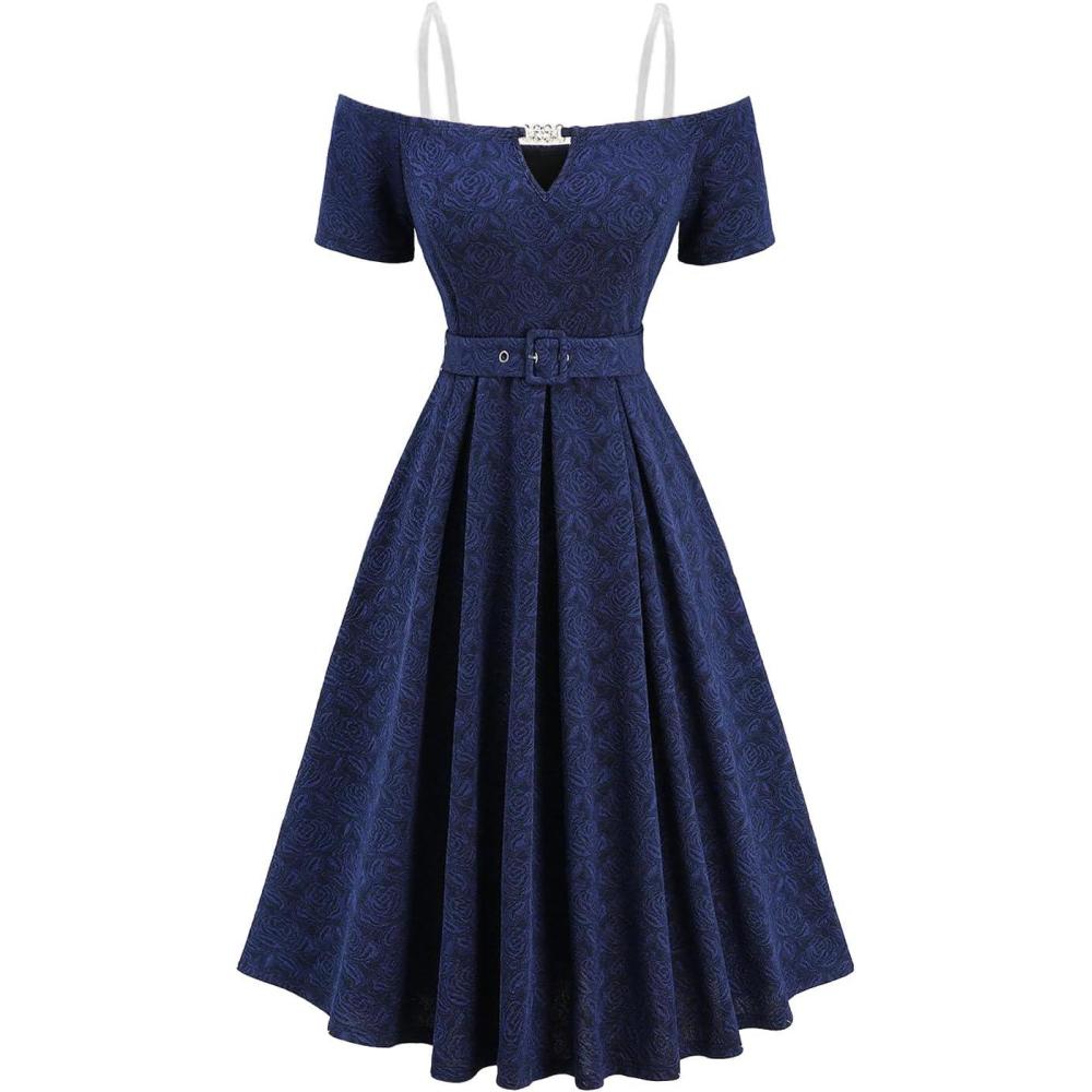 image:imageROSE GAL Women Plus Size Vintage Cocktail Dresses Elegant Off The Shoulder Short Sleeves Keyhole Flower Jacquard Swing DressBlue1
