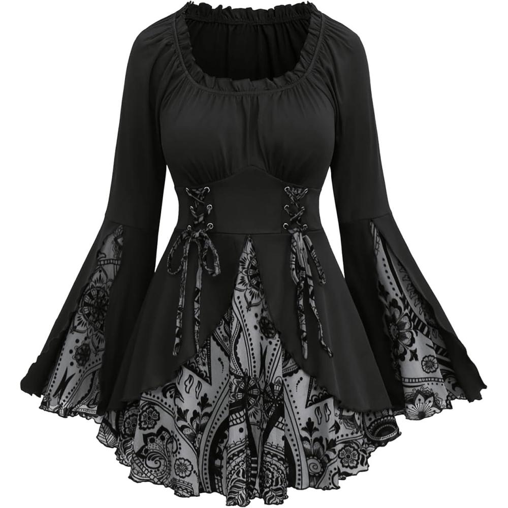 image:imageROSE GAL Womens Plus Size Flocking Floral Figure Print Lace Up Ruched Ruffles Long Bell Sleeves Flowy 2 in 1 TopLight Gray