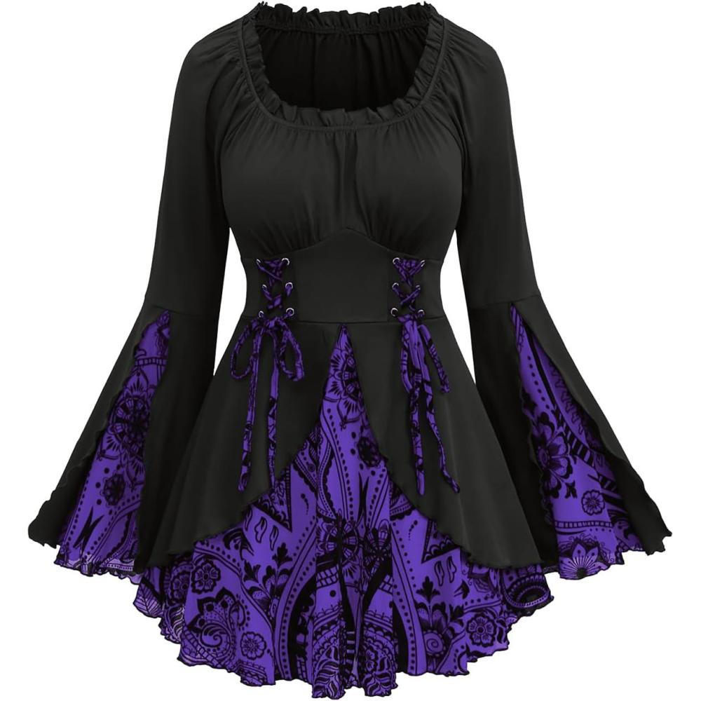 image:imageROSE GAL Womens Plus Size Flocking Floral Figure Print Lace Up Ruched Ruffles Long Bell Sleeves Flowy 2 in 1 TopPurple