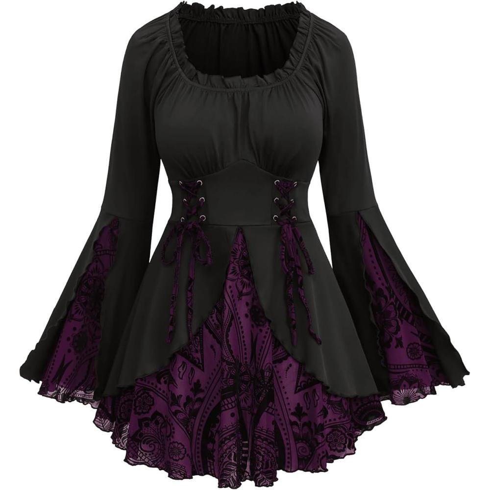 image:imageROSE GAL Womens Plus Size Flocking Floral Figure Print Lace Up Ruched Ruffles Long Bell Sleeves Flowy 2 in 1 TopPurple1