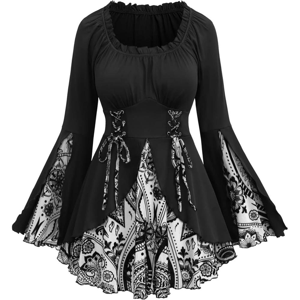 image:imageROSE GAL Womens Plus Size Flocking Floral Figure Print Lace Up Ruched Ruffles Long Bell Sleeves Flowy 2 in 1 TopWhite