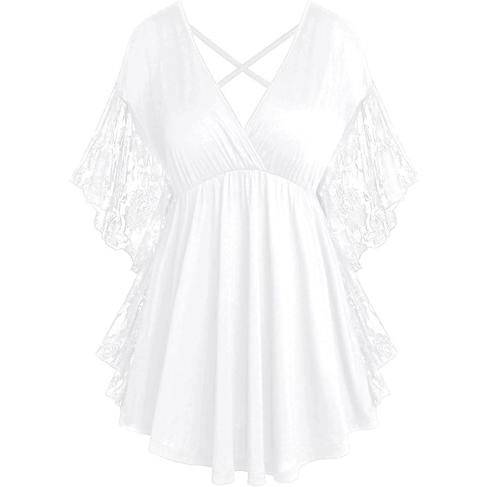image:imageROSE GAL Womens Plus Size Flower Lace Butterfly Sleeve T Shirt Curve Flower Lace Summer Casual TunicWhite