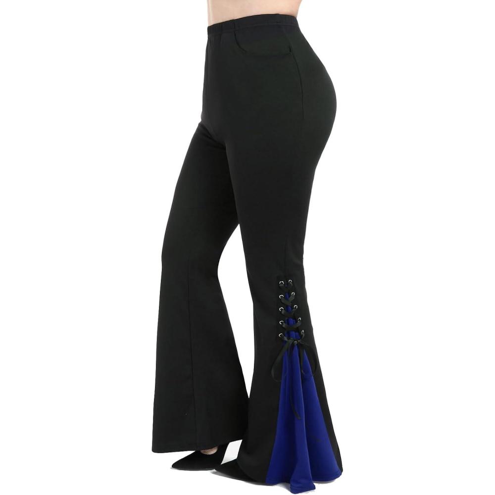 image:imageROSE GAL Womens Plus Size Gothic Lace Up Two Tone Godet Hem Pull On Flare PantsBlue1
