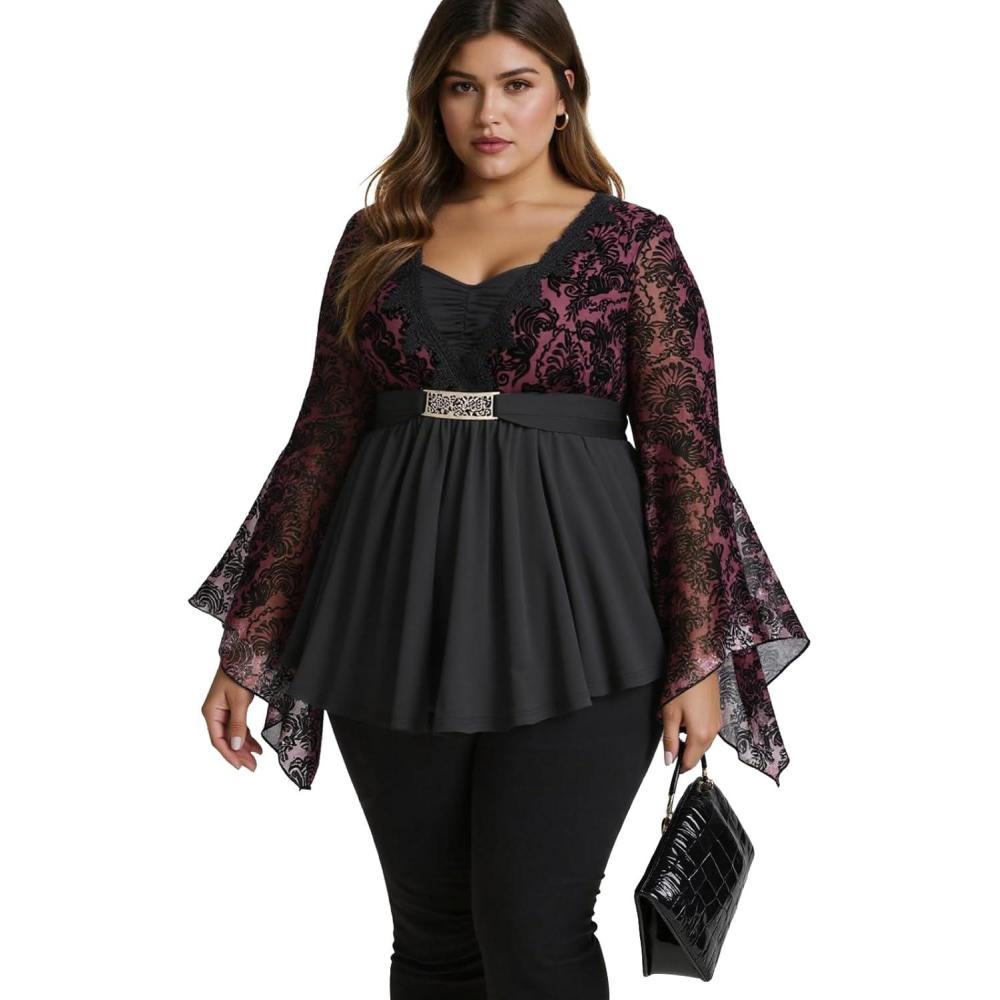 image:imageROSE GAL Womens Plus Size Lace Applique Trim Ruched Buckle Flocking Floral Long Flare Sleeve 2 in 1 Flowy TopBlack2
