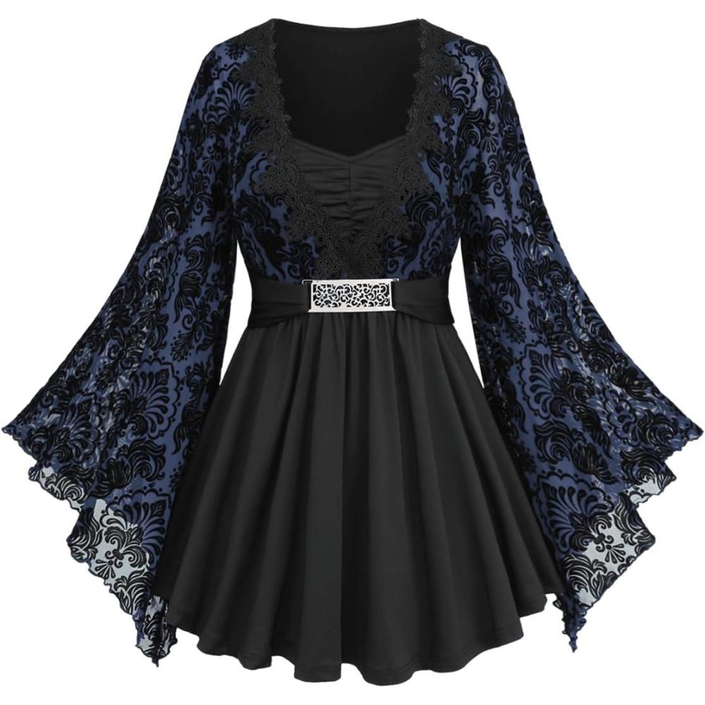 image:imageROSE GAL Womens Plus Size Lace Applique Trim Ruched Buckle Flocking Floral Long Flare Sleeve 2 in 1 Flowy TopBlue