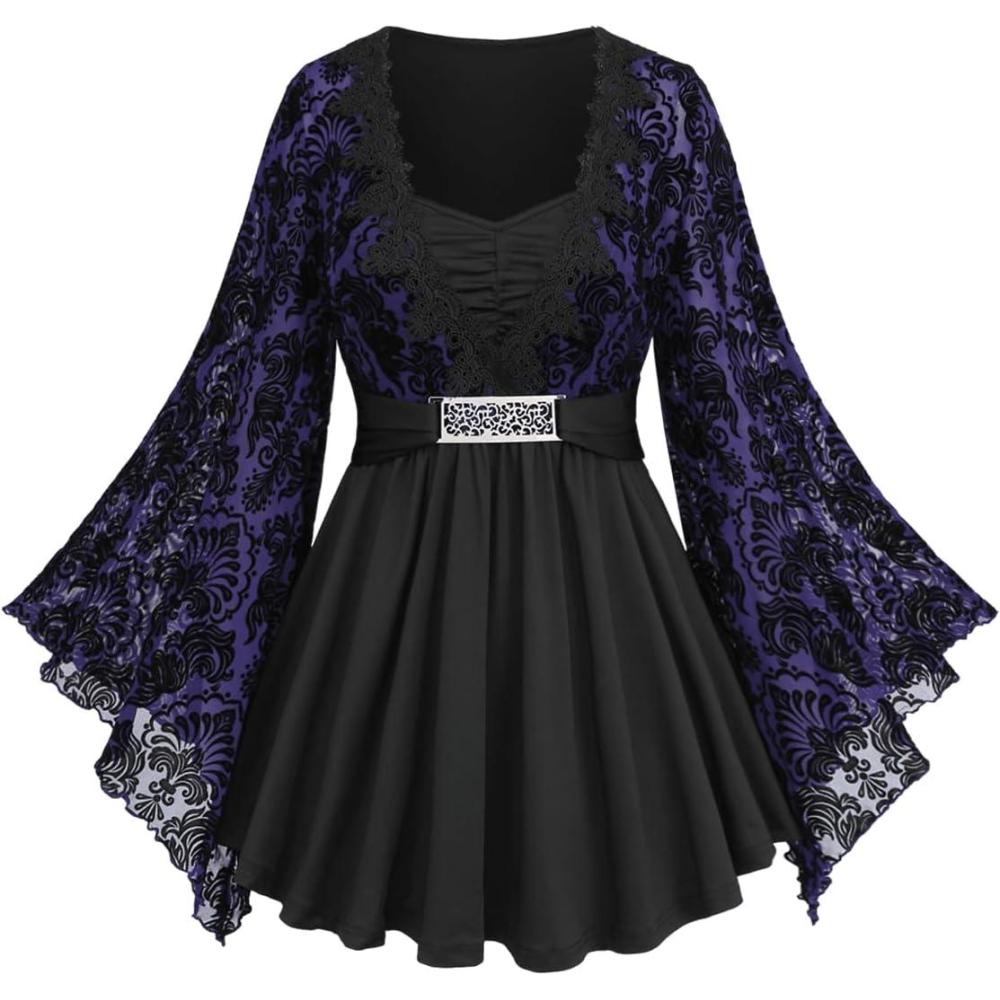 image:imageROSE GAL Womens Plus Size Lace Applique Trim Ruched Buckle Flocking Floral Long Flare Sleeve 2 in 1 Flowy TopPurple