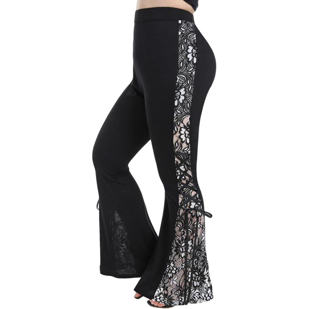 image:imageROSE GAL Womens Plus Size Lace Insert Flare Pants High Waisted Stretchy Long PantsBlack1