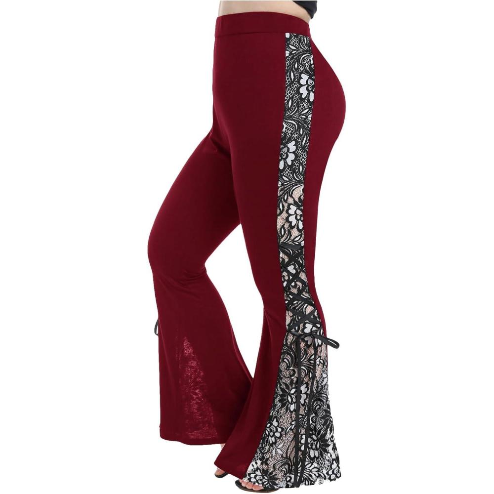 image:imageROSE GAL Womens Plus Size Lace Insert Flare Pants High Waisted Stretchy Long PantsRed1