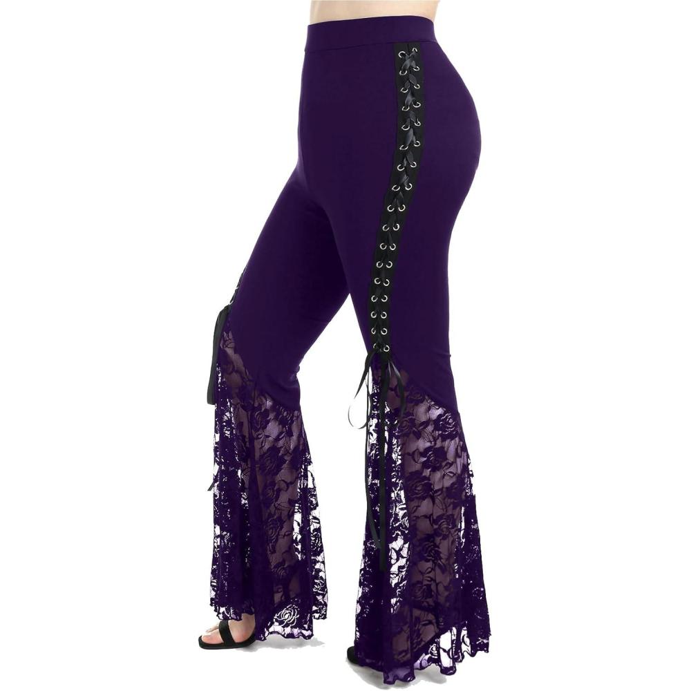 image:imageROSE GAL Womens Plus Size Lace Panel Pull On Flare Pants with LaceupPurple1