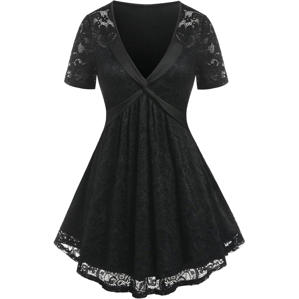 image:imageROSE GAL Womens Plus Size Lace top Place Panel Front Twist Tee laceup Steampunk TunicBlack2