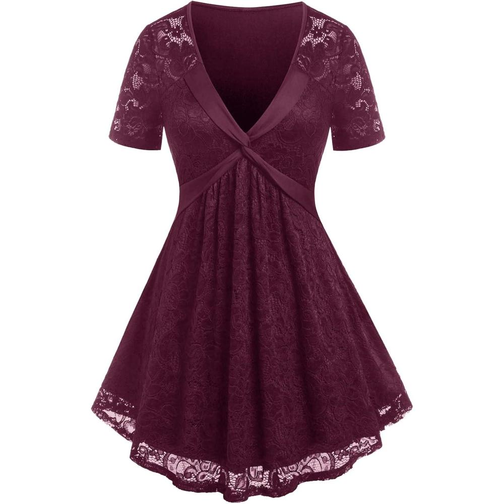 image:imageROSE GAL Womens Plus Size Lace top Place Panel Front Twist Tee laceup Steampunk TunicRed