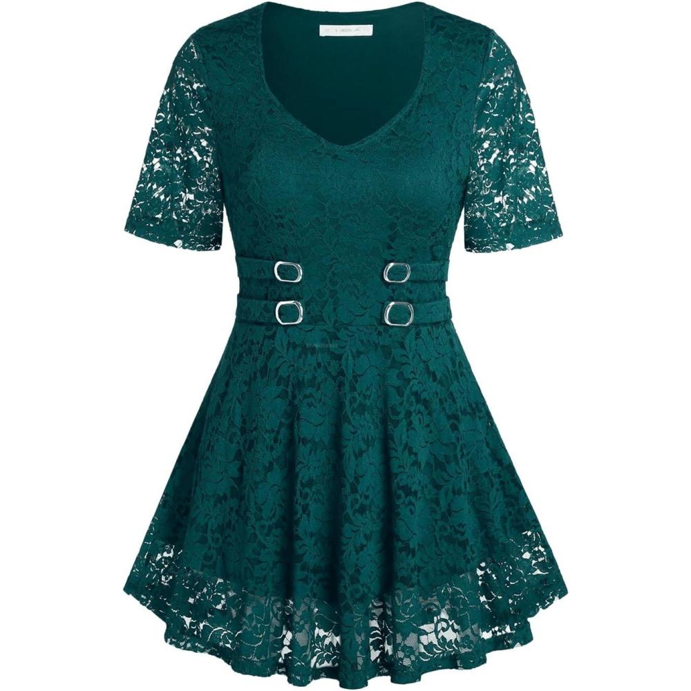 image:imageROSE GAL Womens Plus Size Tunic V Neck Top Curve Floral Lace Blouse ALine Swing T ShirtDeep Green