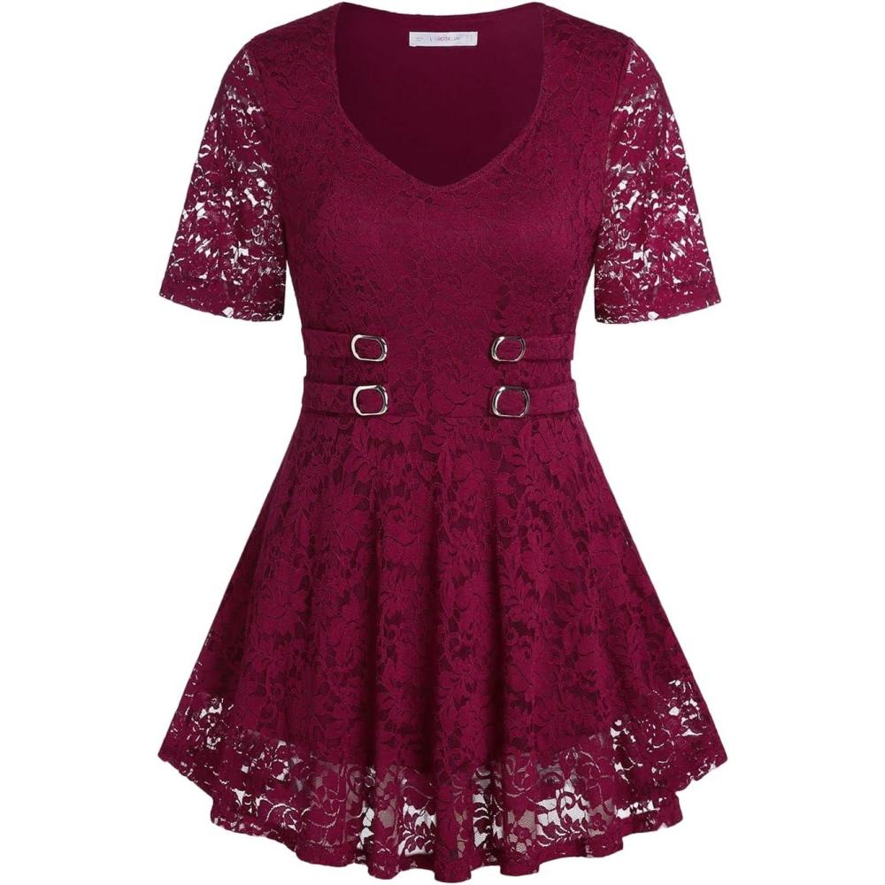 image:imageROSE GAL Womens Plus Size Tunic V Neck Top Curve Floral Lace Blouse ALine Swing T ShirtDeep Red1