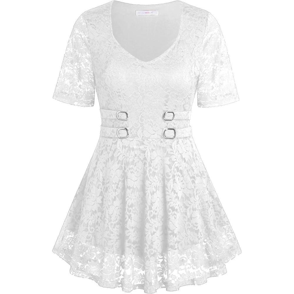 image:imageROSE GAL Womens Plus Size Tunic V Neck Top Curve Floral Lace Blouse ALine Swing T ShirtWhite
