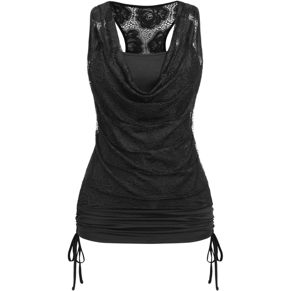 image:imageROSE GAL Womens Plus Size V Neck Tank Lace Vest Shirt Sleeveless Summer Casual Round Neck SlimTopsBlack
