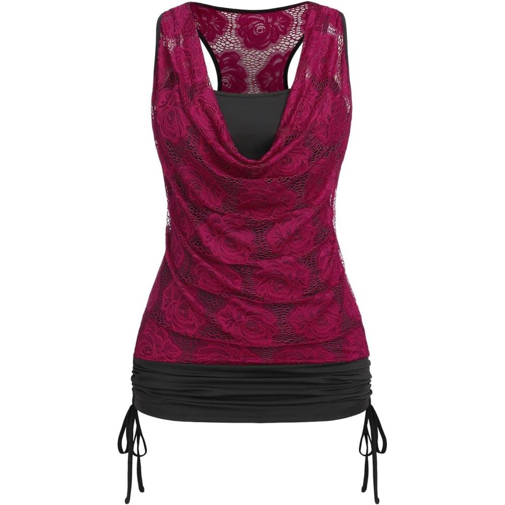 image:imageROSE GAL Womens Plus Size V Neck Tank Lace Vest Shirt Sleeveless Summer Casual Round Neck SlimTopsDeep Red