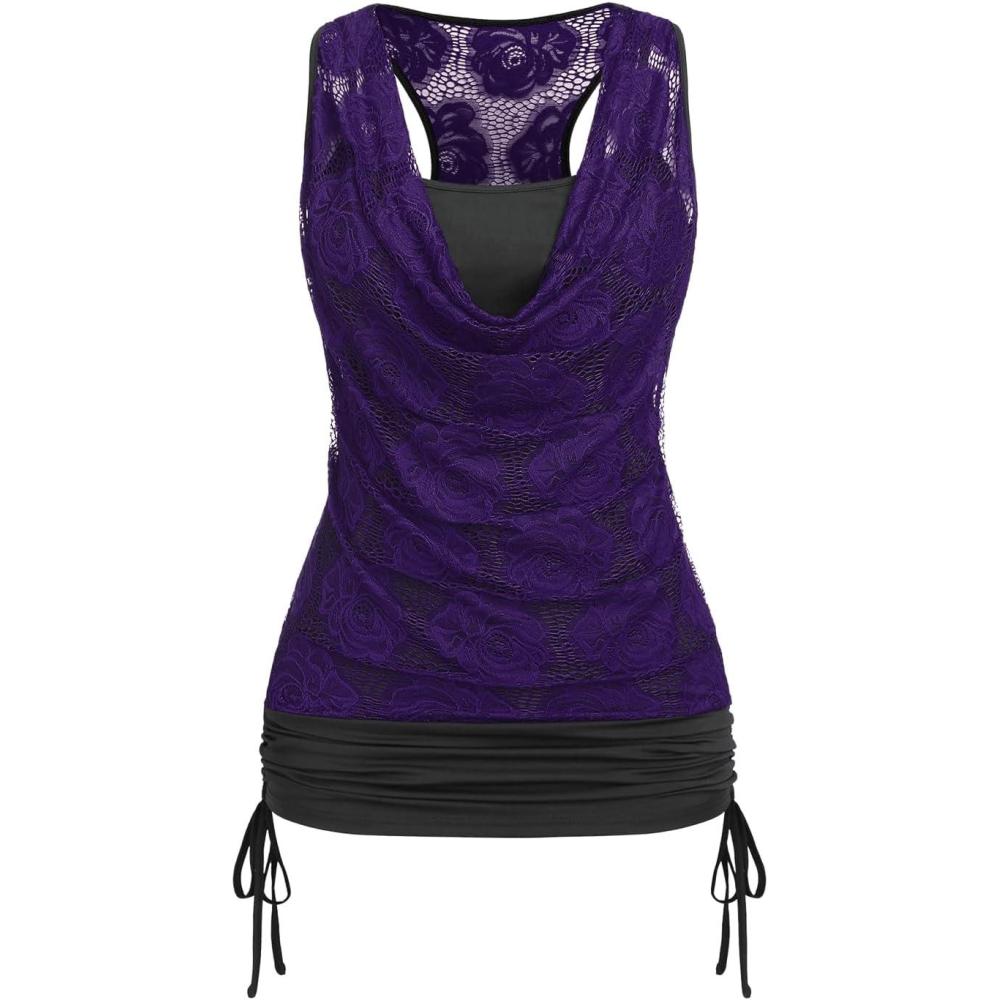 image:imageROSE GAL Womens Plus Size V Neck Tank Lace Vest Shirt Sleeveless Summer Casual Round Neck SlimTopsPurple