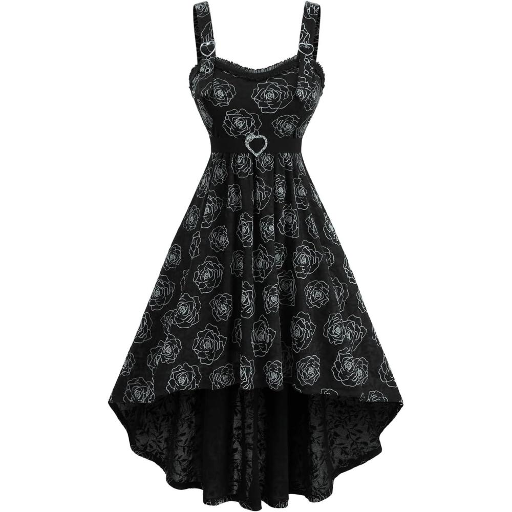 image:imageRosegal Plus Size Retro Sleeveless Dress for Women Rose Print Midi Vintage Tank Dress with BeltBlack