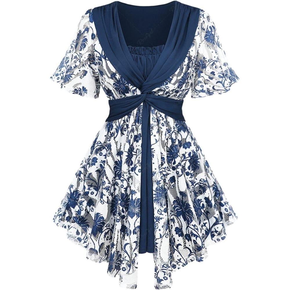 image:imageRosegal Plus Size Womens Crochet Porcelain Floral Print Pleated Twist Ruched 2 in 1 Blouse Short Flutter Sleeve Flowy TopBlue3