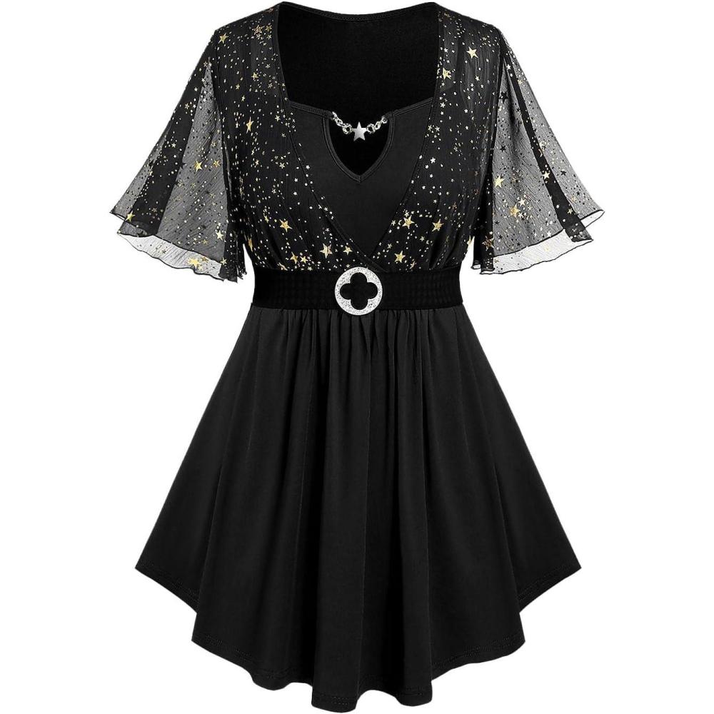 image:imageRosegal Plus Size Womens Sparkly Gold Stamping Stars Print Butterfly Sleeve Blouse 2 in 1 Flowy Short Sleeve Top with BeltBlack10