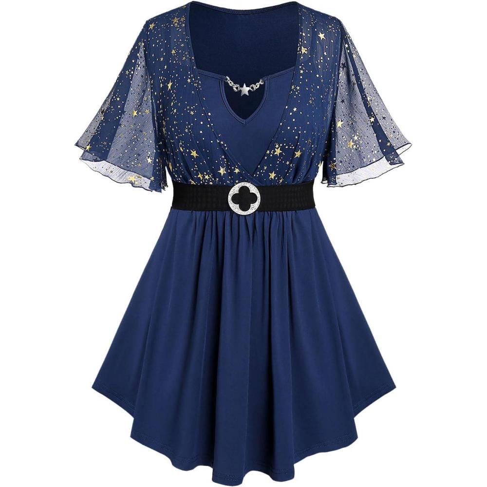 image:imageRosegal Plus Size Womens Sparkly Gold Stamping Stars Print Butterfly Sleeve Blouse 2 in 1 Flowy Short Sleeve Top with BeltBlue8