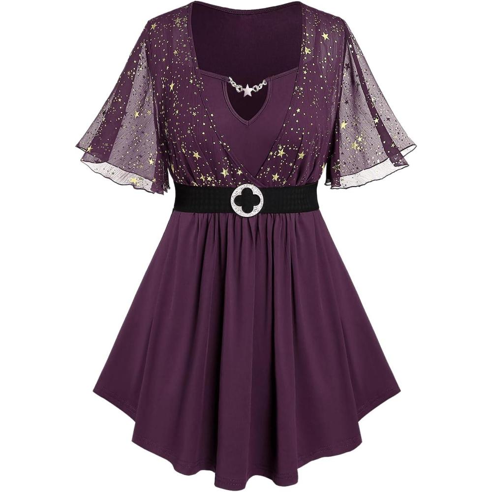 image:imageRosegal Plus Size Womens Sparkly Gold Stamping Stars Print Butterfly Sleeve Blouse 2 in 1 Flowy Short Sleeve Top with BeltDeep Purple
