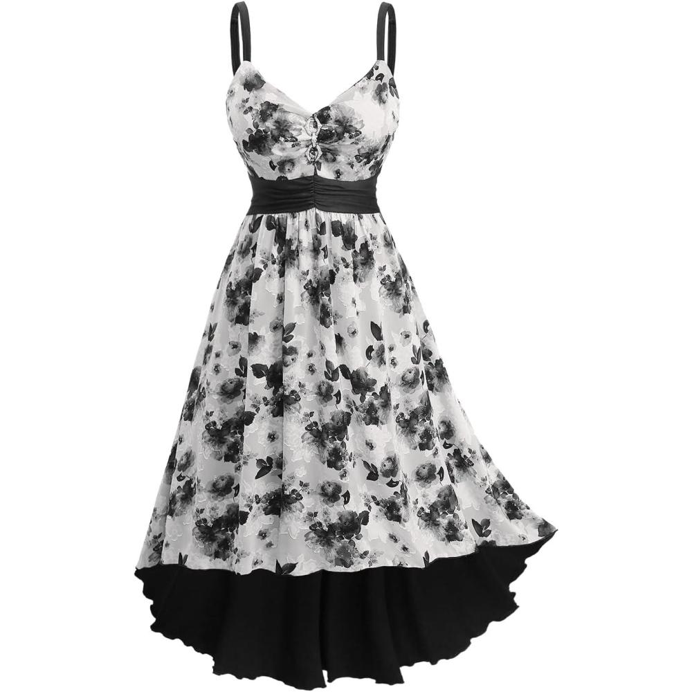image:imageRosegal Women Plus Size Floral Sundress High Low Midi Sleeveless Cami Flowy DressBlack