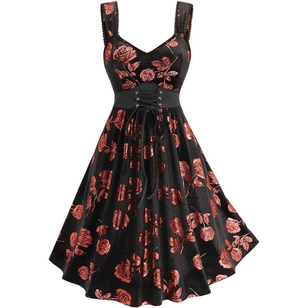 image:imageRosegal Women Plus Size Gilding Rose Lace Up Velvet Sleeveless Swing DressBlack