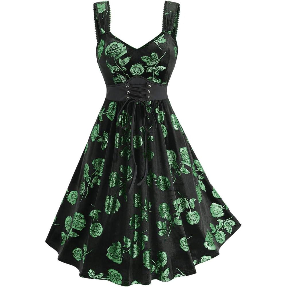 image:imageRosegal Women Plus Size Gilding Rose Lace Up Velvet Sleeveless Swing DressGreen