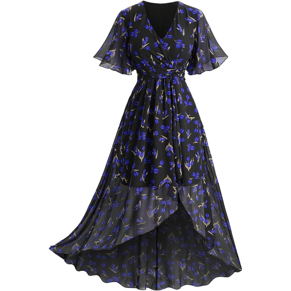 image:imageRosegal Women Plus Size High Low Hem V Neck Ruffle Flutter Sleeves Chiffon Maxi Floral Flowy DressBlue