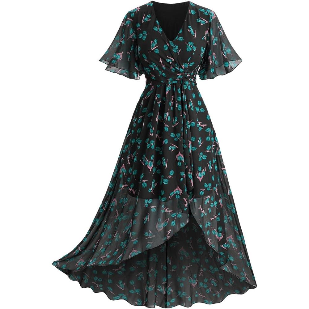 image:imageRosegal Women Plus Size High Low Hem V Neck Ruffle Flutter Sleeves Chiffon Maxi Floral Flowy DressGreen