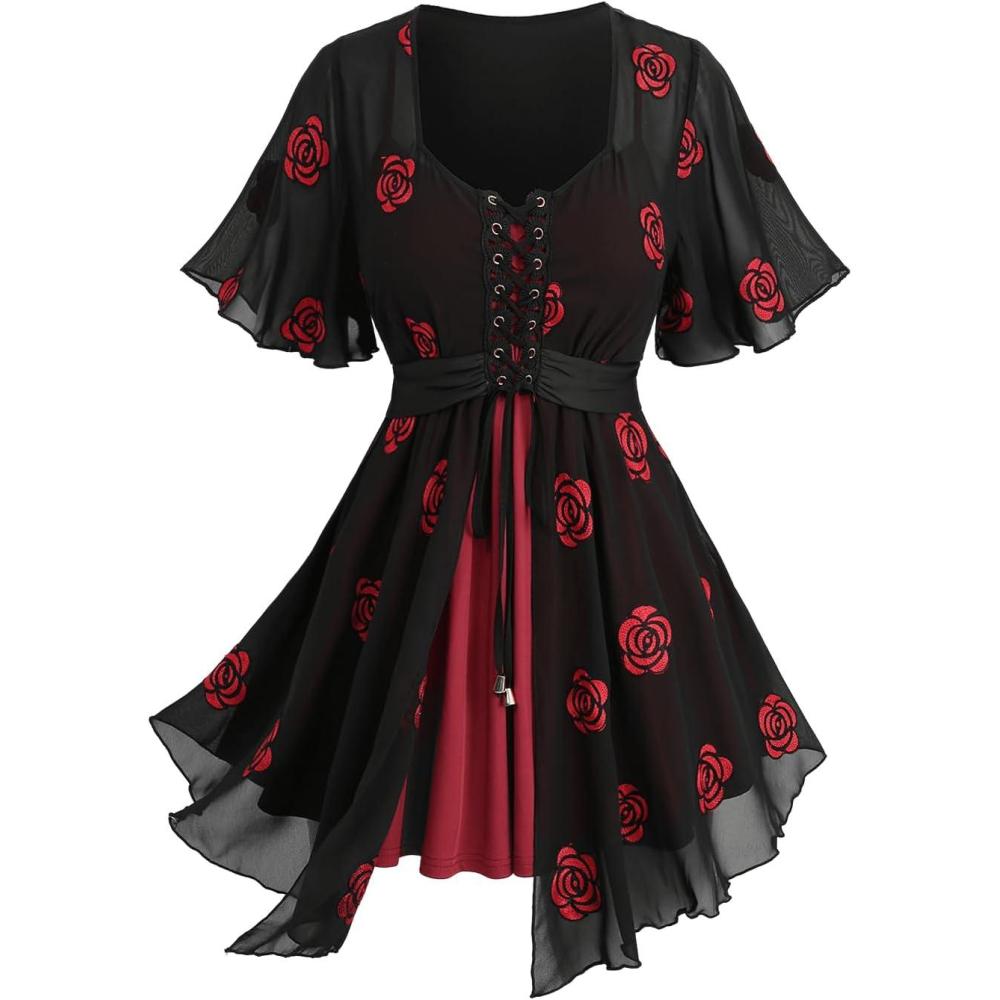 image:imageRosegal Women Plus Size Romantic Goth Short Flutter Sleeve Tee Rose Embroidery Laceup Chiffon Flowy Gothic 2 in 1 TopBlack