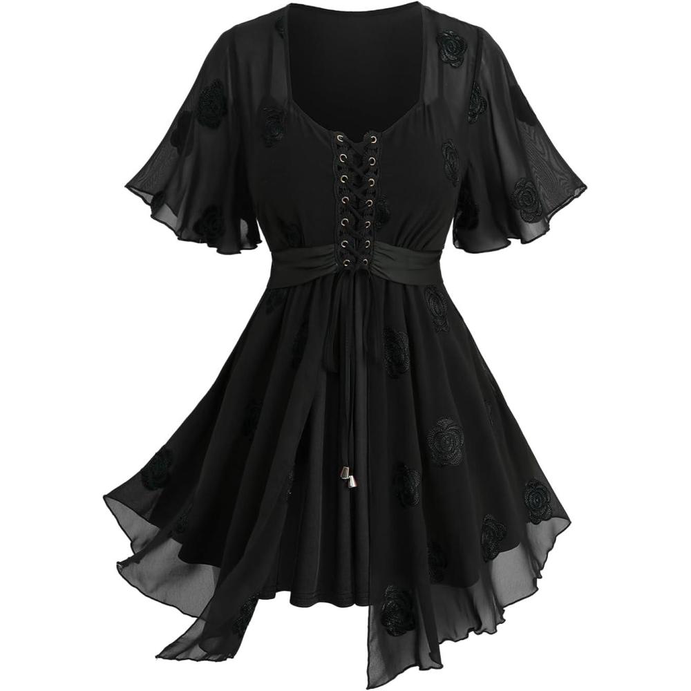 image:imageRosegal Women Plus Size Romantic Goth Short Flutter Sleeve Tee Rose Embroidery Laceup Chiffon Flowy Gothic 2 in 1 TopBlack5