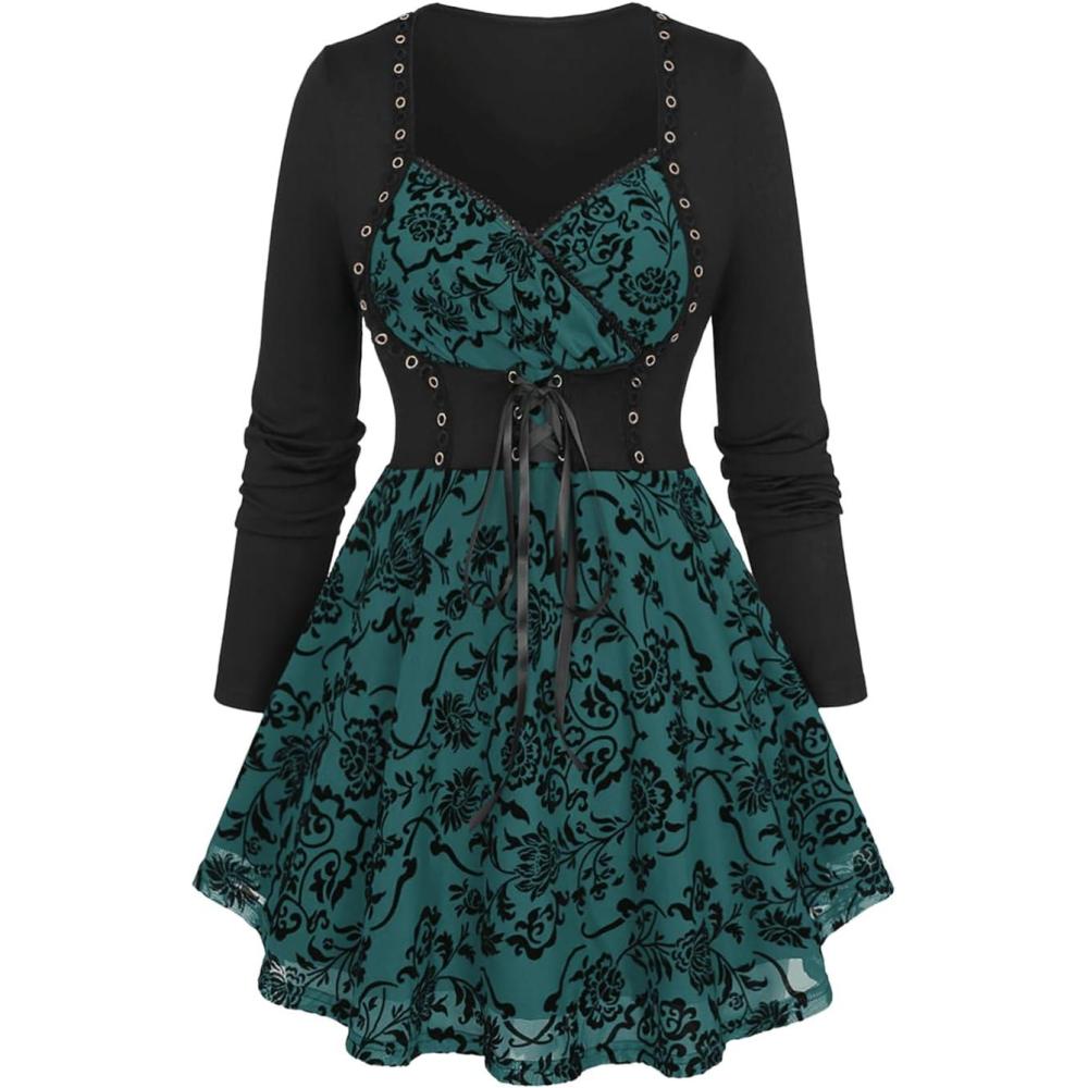 image:imageRosegal Womens Plus Size Flocking Floral Mesh Panel Lace Up Grommet 2 in 1 Long Sleeves TopGreen