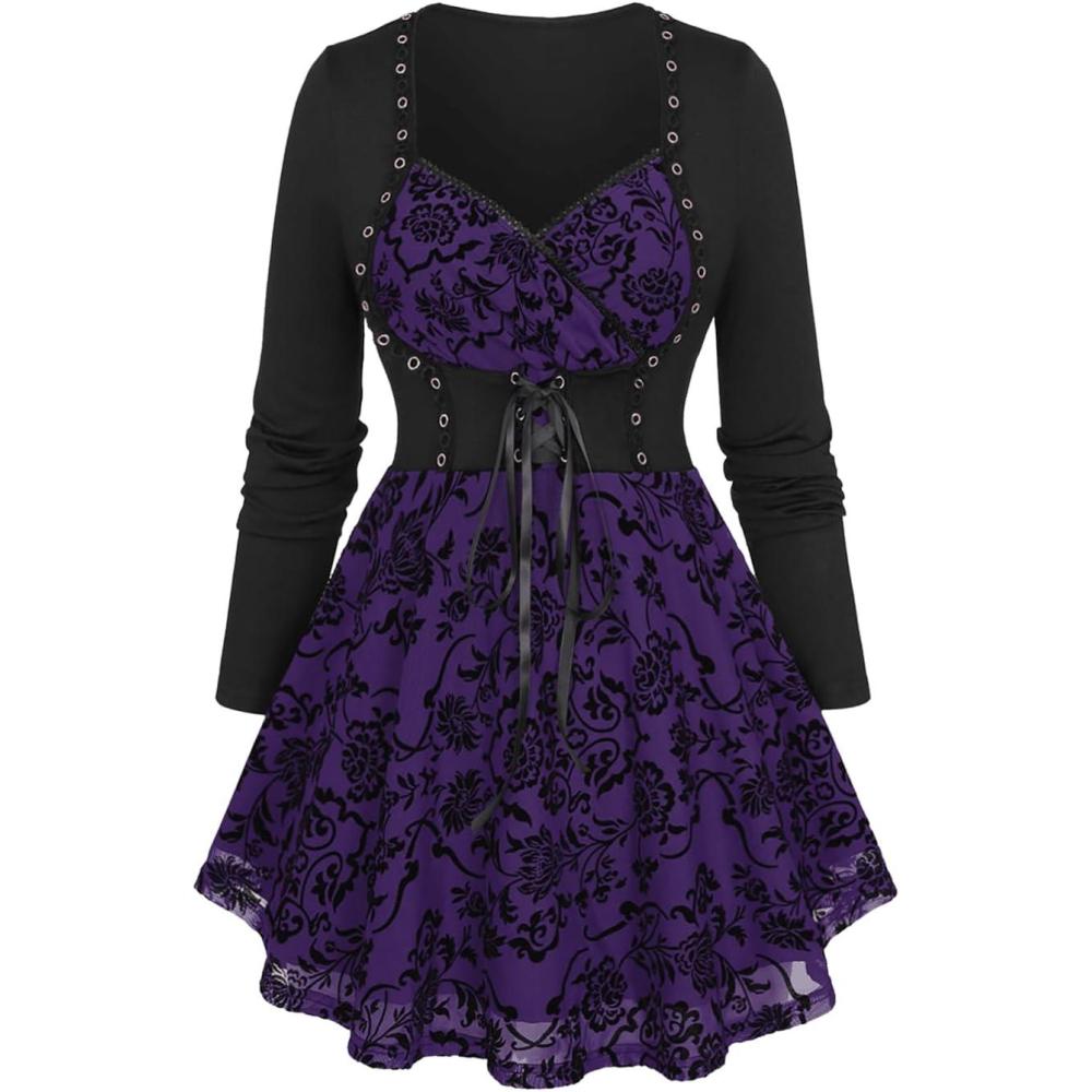 image:imageRosegal Womens Plus Size Flocking Floral Mesh Panel Lace Up Grommet 2 in 1 Long Sleeves TopPurple