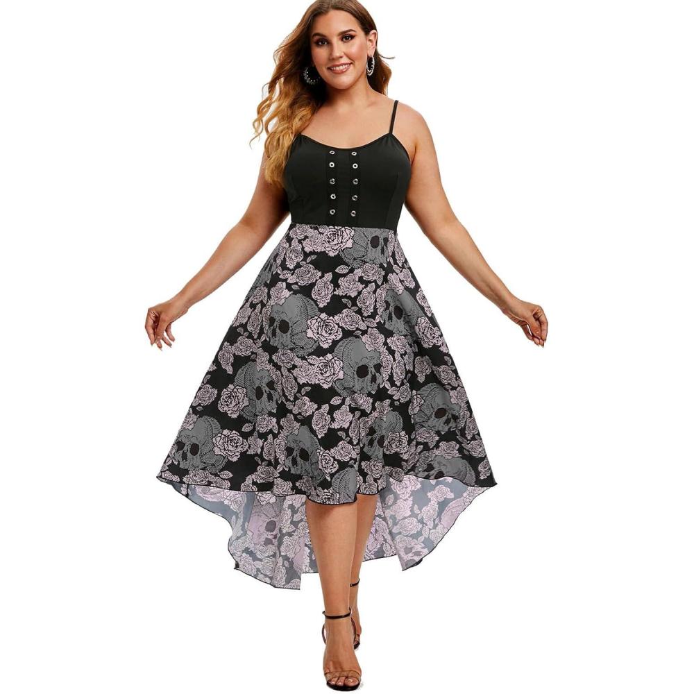 image:imageRosegal Womens Plus Size Gothic Grommet High Low Floral Skull Dress A Line Halloween Rockabilly Cami DressBlack1