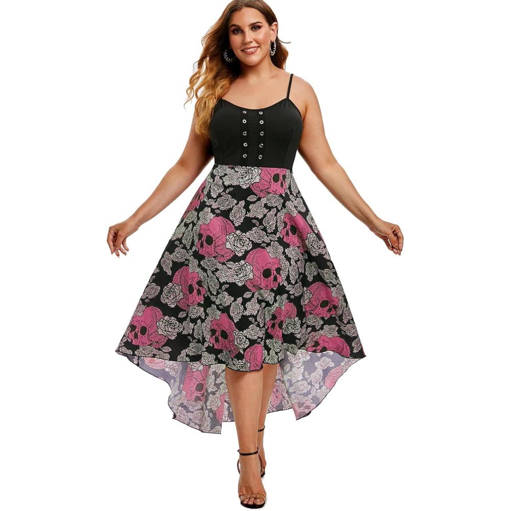 image:imageRosegal Womens Plus Size Gothic Grommet High Low Floral Skull Dress A Line Halloween Rockabilly Cami DressRed1