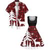 Matchable Couple Christmas Tree Elk Snowflake Plaid Print Shirt or Plus Size Knee Length Fit and Flare Retro Xmas Dress(Men Red)