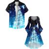 Matchable Couple Sparkly Christmas Tree Print Shirt or Plus Size Ruched Bell Sleeves High Low Hem Midi Xmas Dress(Men Blue)